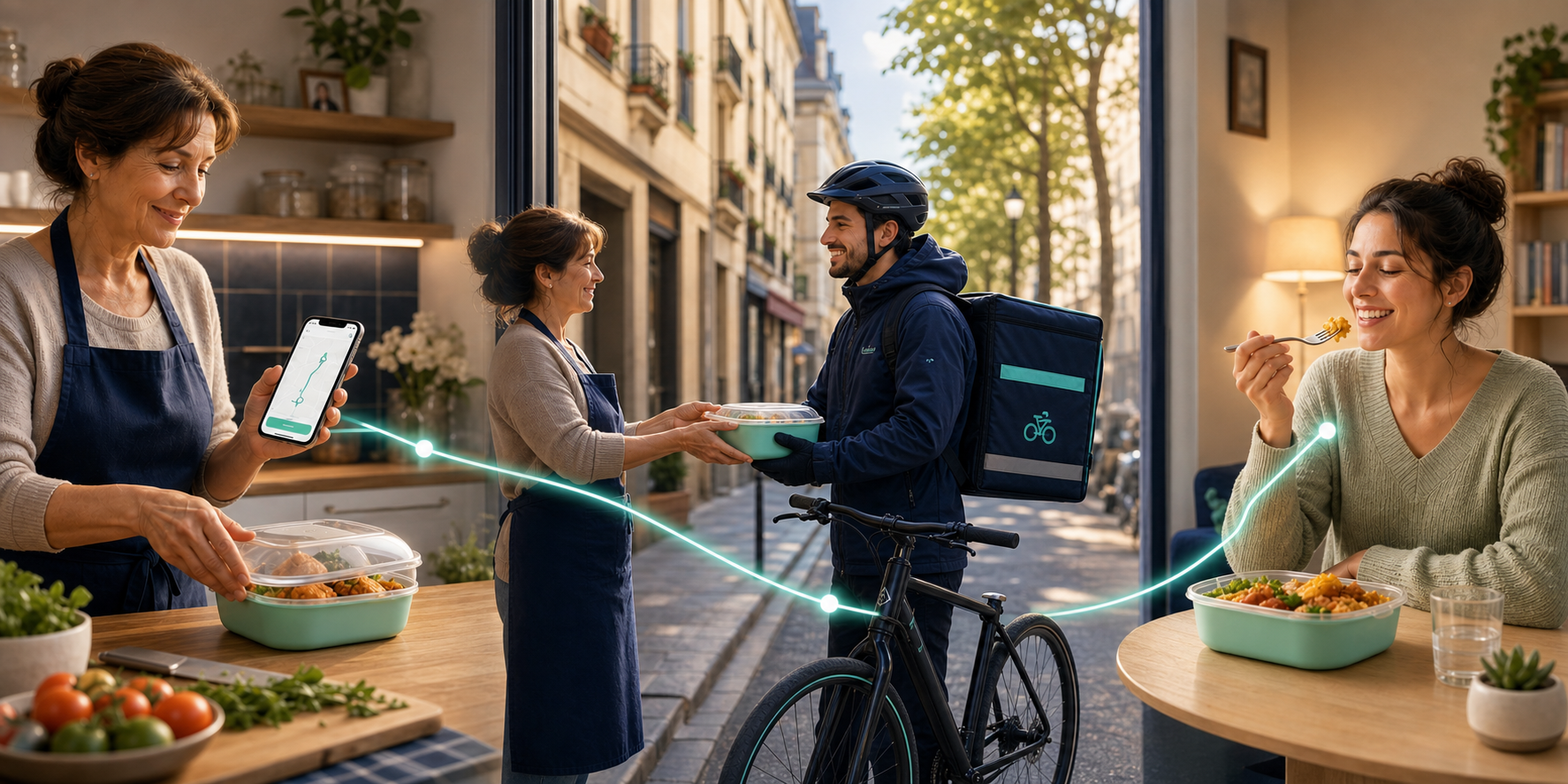 Une maman prépare un repas, commande une course Véloxi, remet le plat à un livreur à vélo en tenue Véloxi, puis sa fille déguste le repas